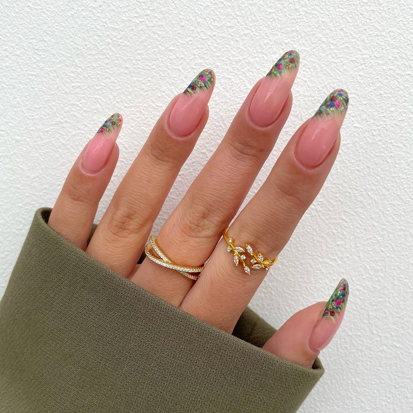 Long Nude Nails with Fir Tree Design