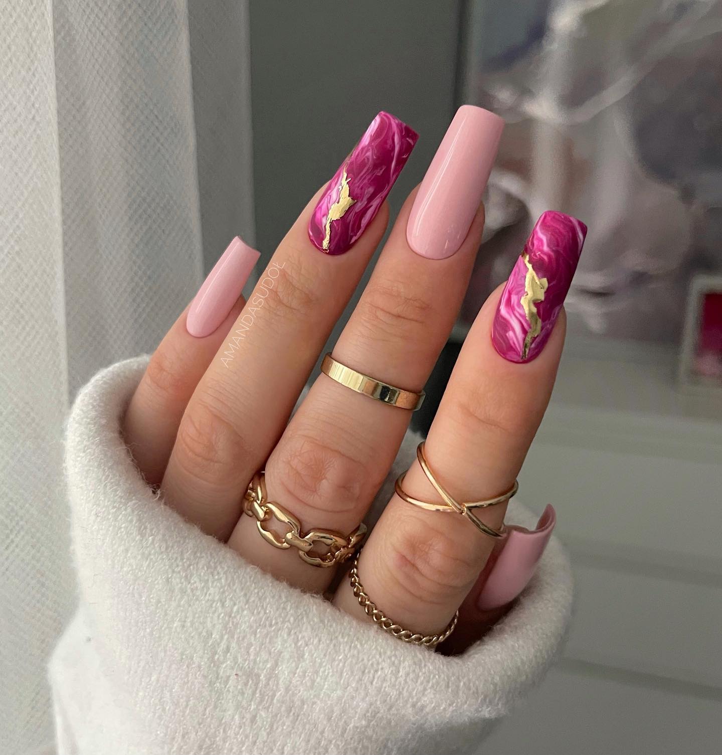 Long Square Burgundy Nails with Marble Design and Gold Foil