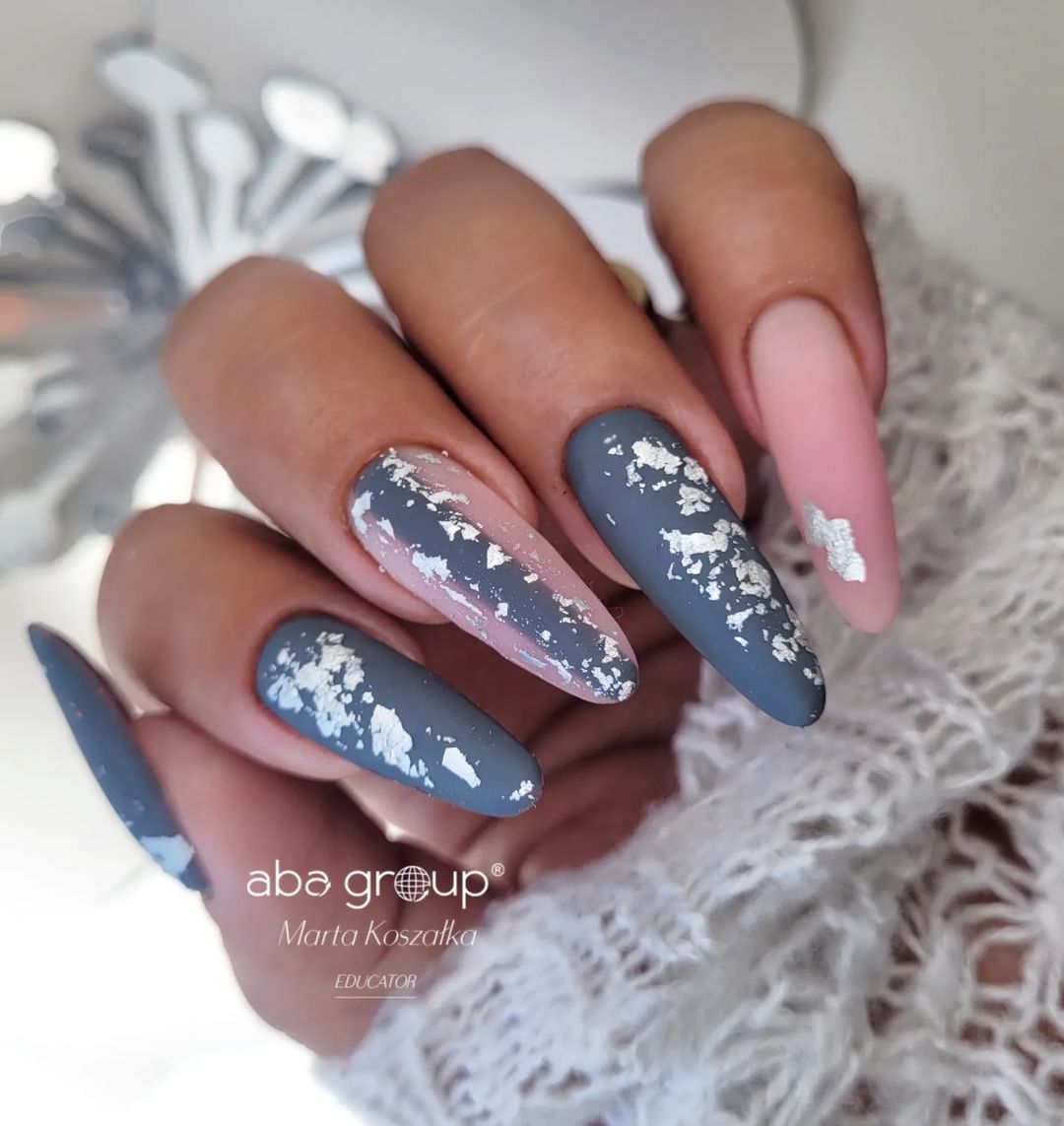 Long Matte Gray and Nude Nails with Silver Foil