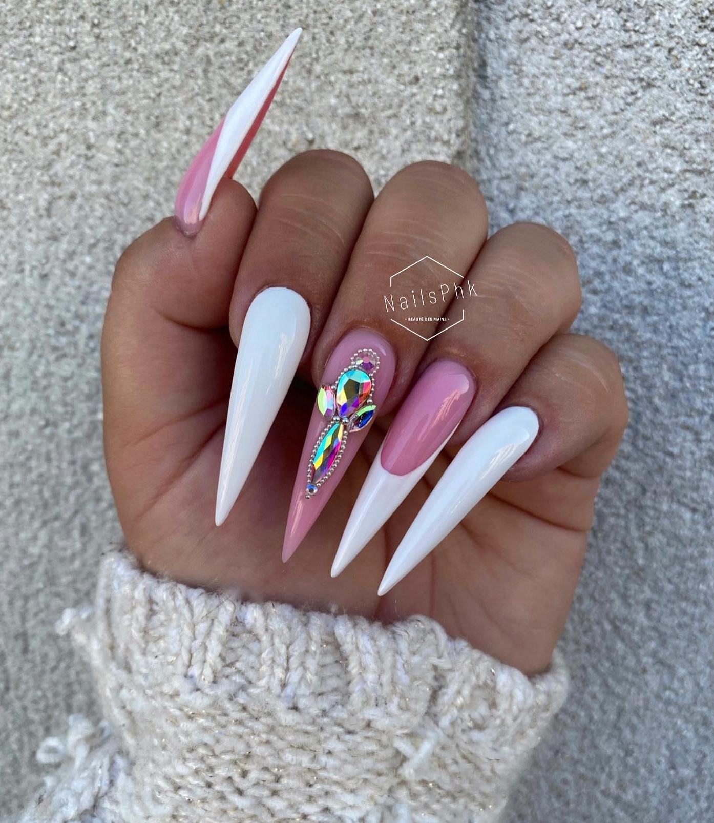 Stiletto Acrylic White and Pink Nails with Diamonds