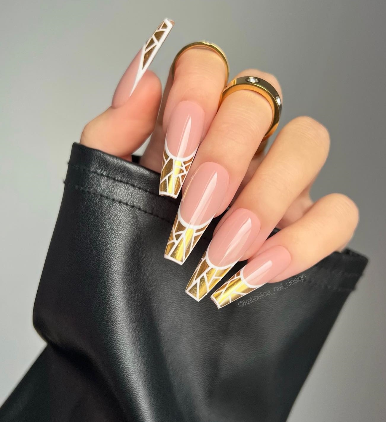 Coffin-Shaped French Nails with Gold Glitter Tips