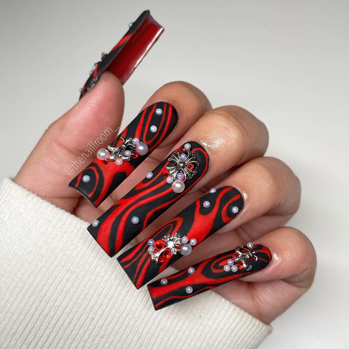 Long Square Matte Black and Red Nails with Pearls