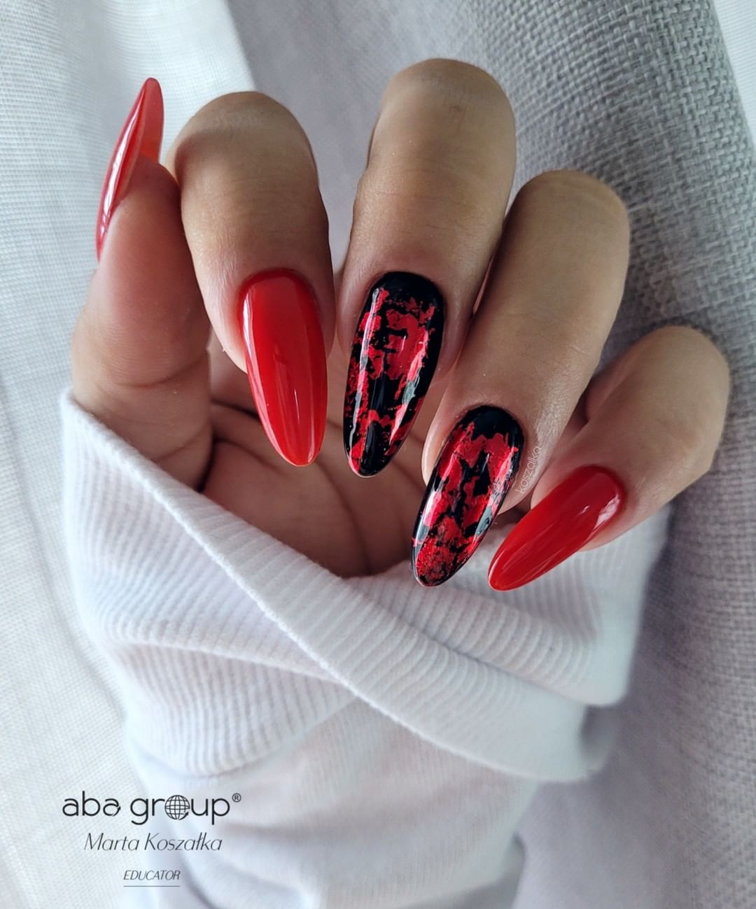Long Glossy Red and Black Nails with Red Foil