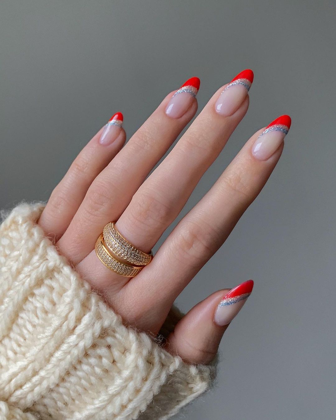 Nude Nails with Red and Silver Tips