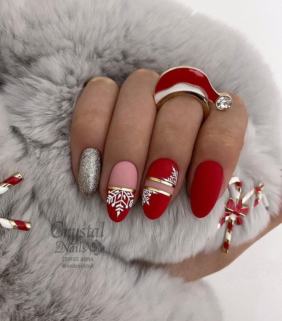 Red Matte Nails with Snowflakes and Silver Design