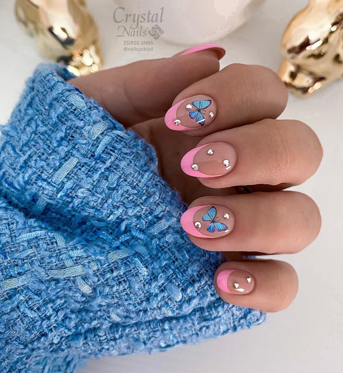 Short French Nails with Butterfly Design