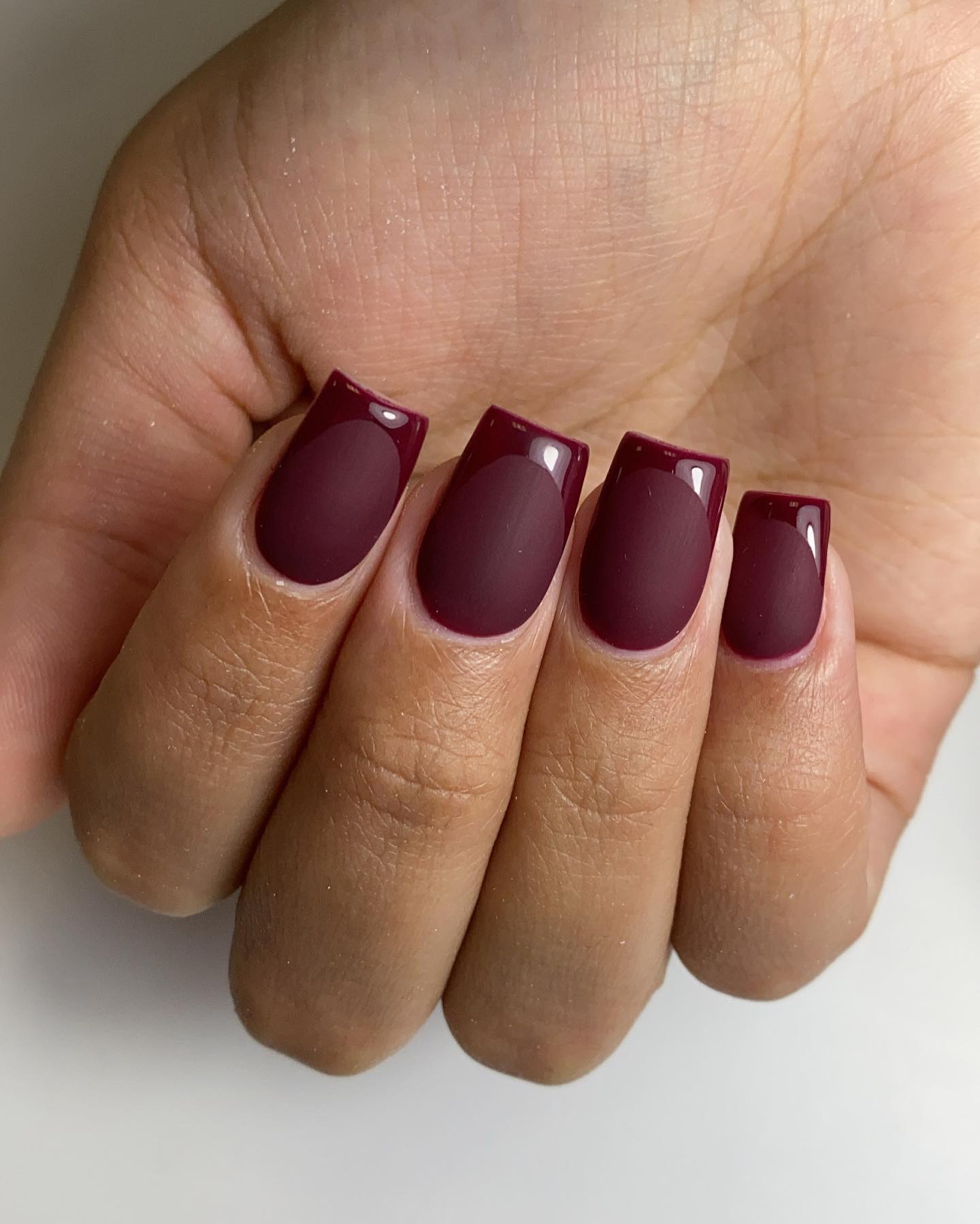 Short Square Matte Burgundy Nails with Glossy Tips