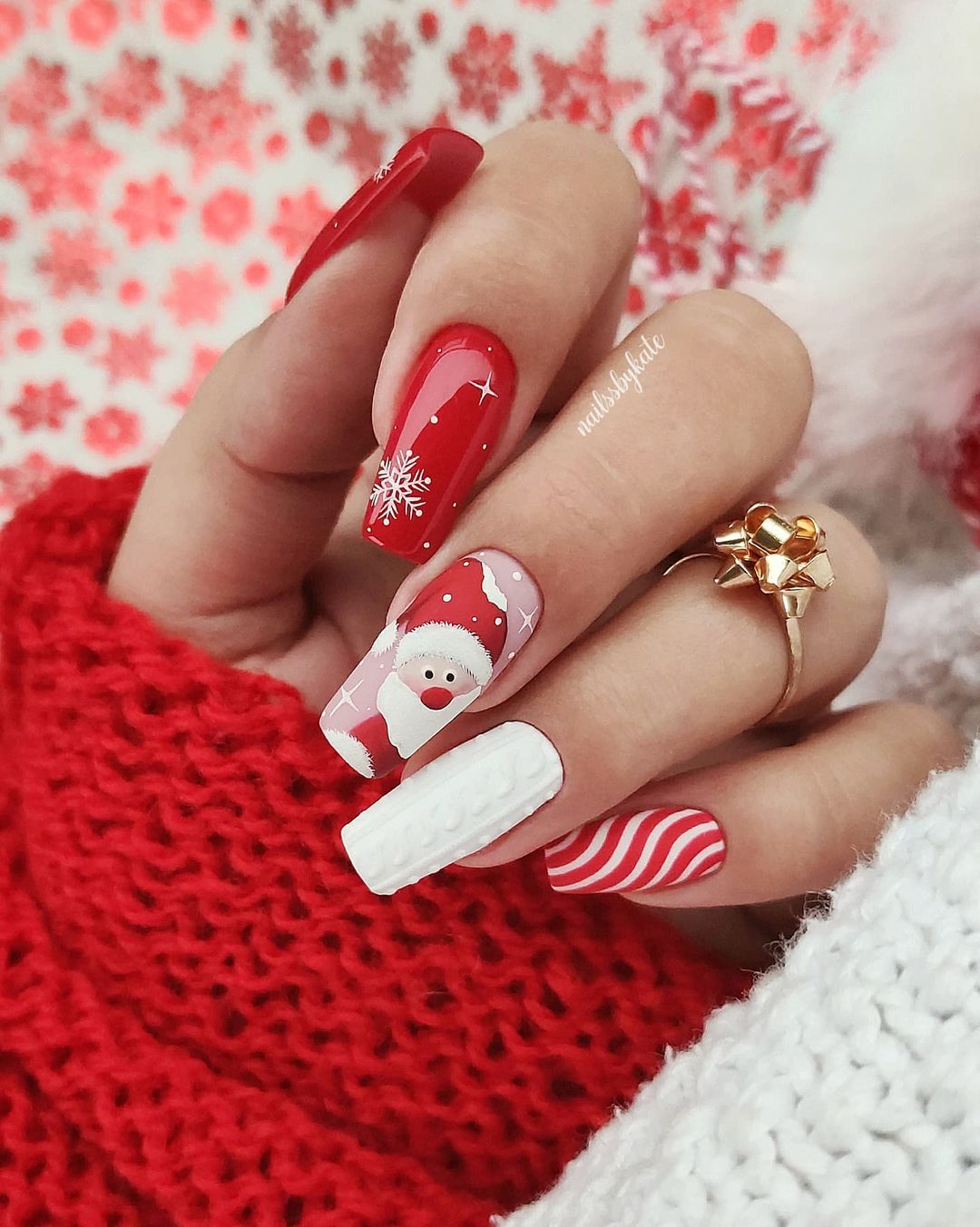 Red and White Nails with Santa Design