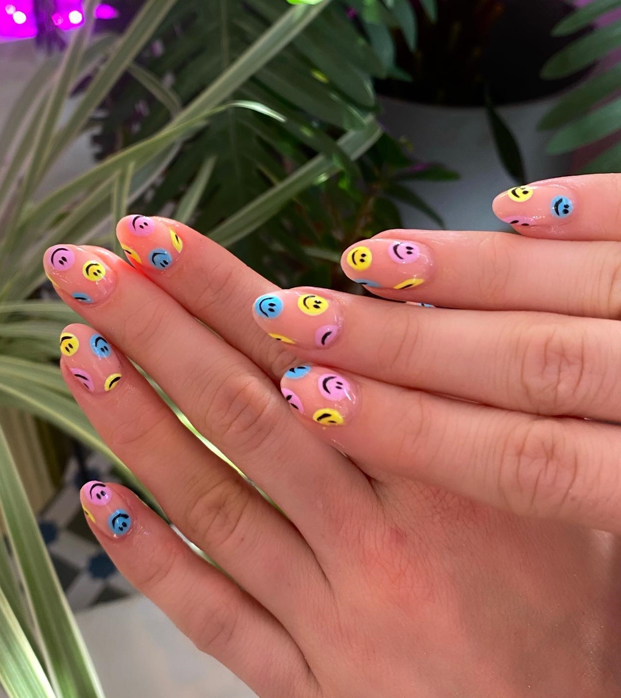 Short Nails with Smiley Face Design