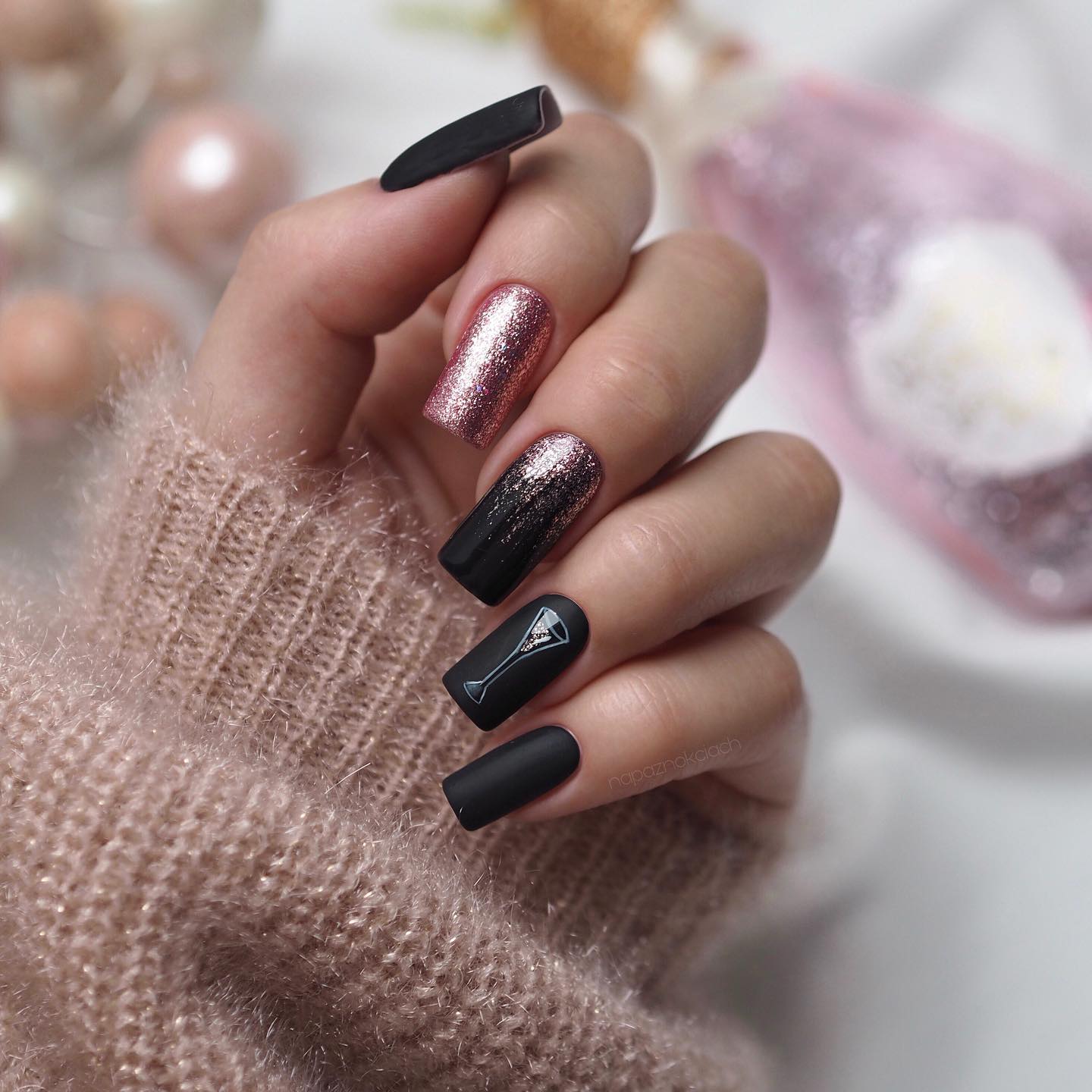 Black Matte Nails with Pink Glitter