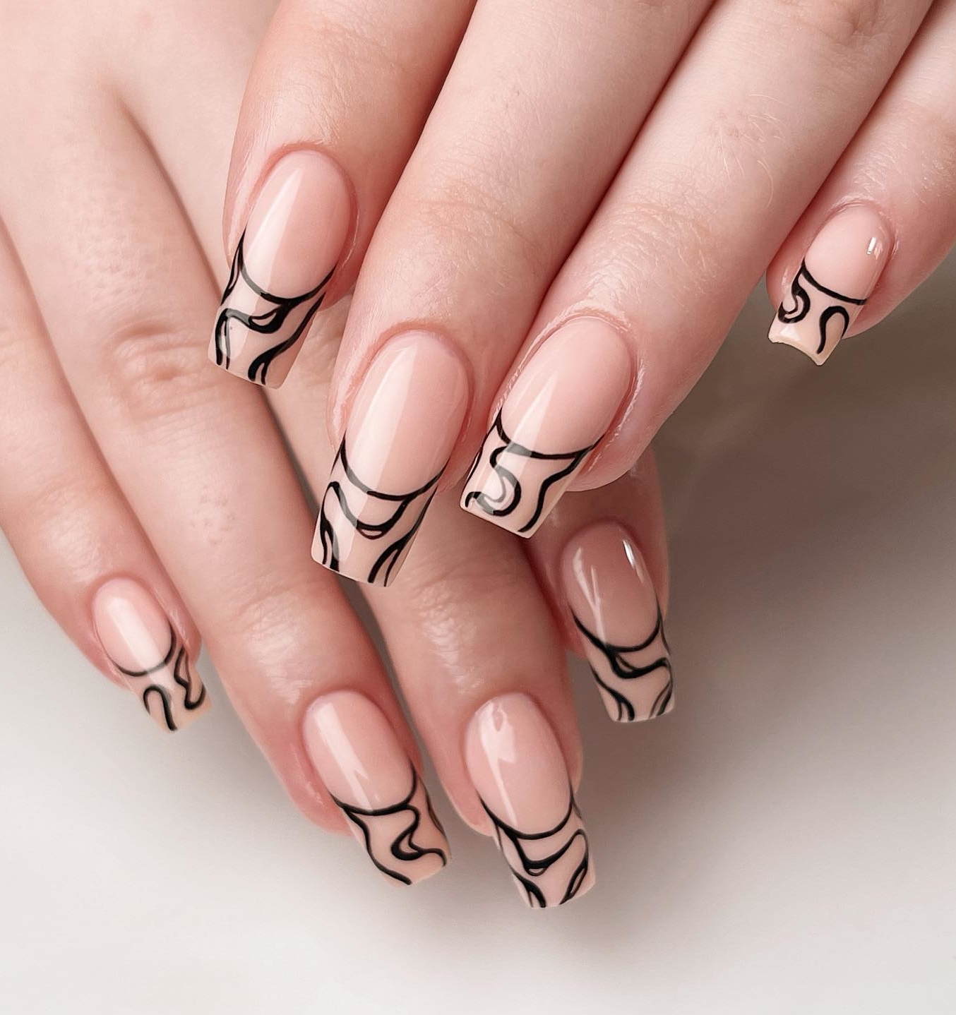 Long Square Nails with Black Lines on Tips