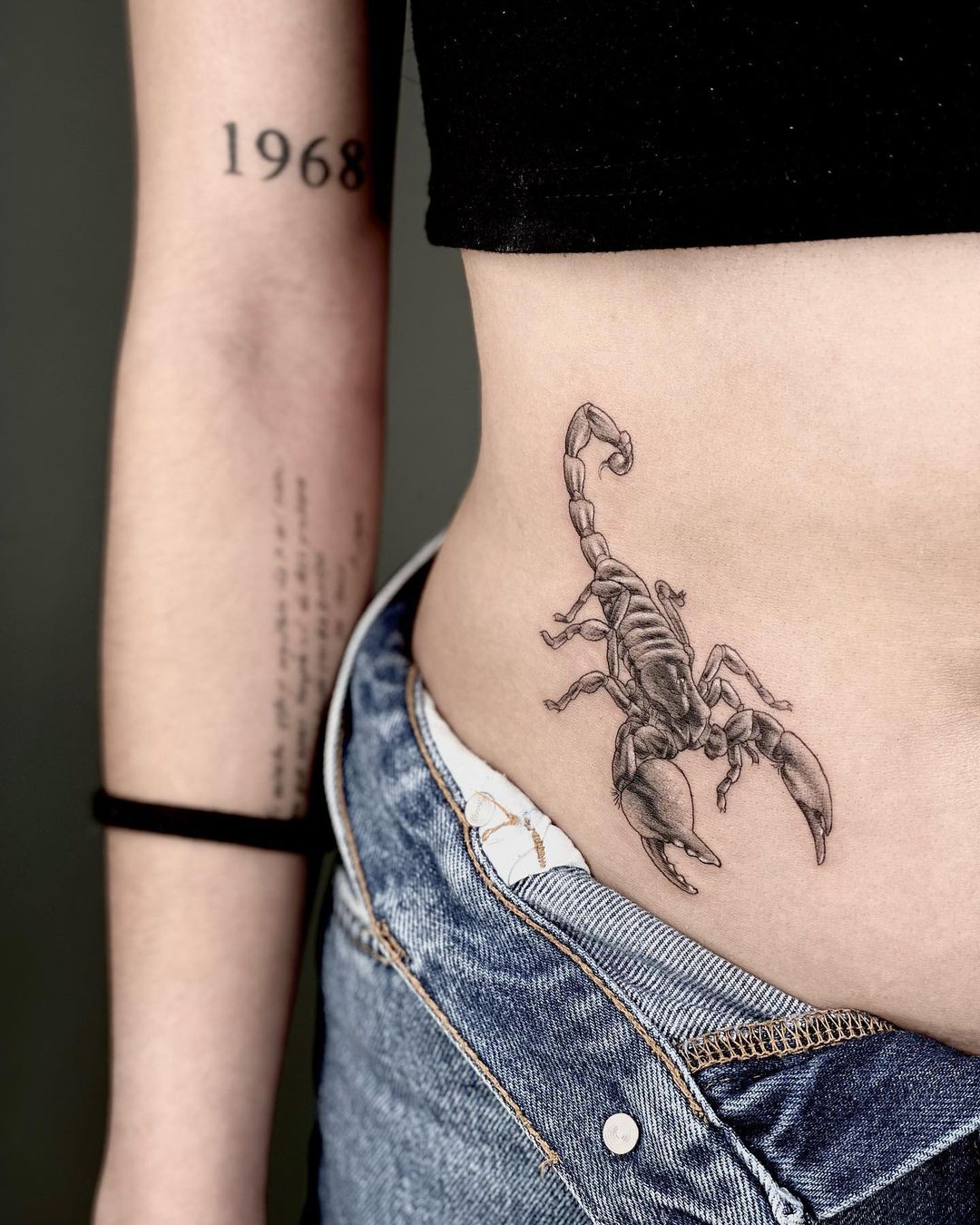 Black 3D Scorpio Tattoo on Abdomen