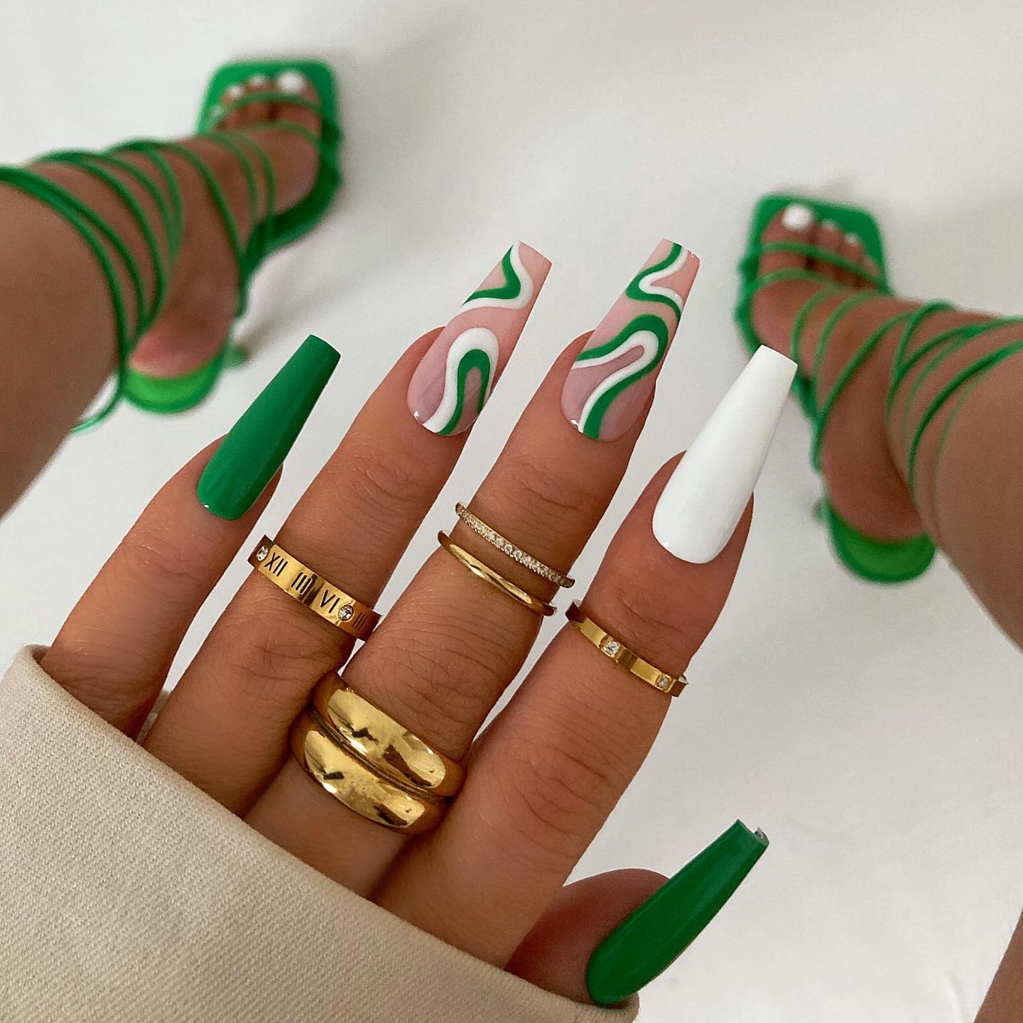 Green and White Nails with Swirls