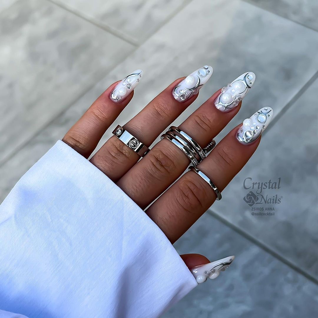 White Acrylic Nails with Silver Line Design