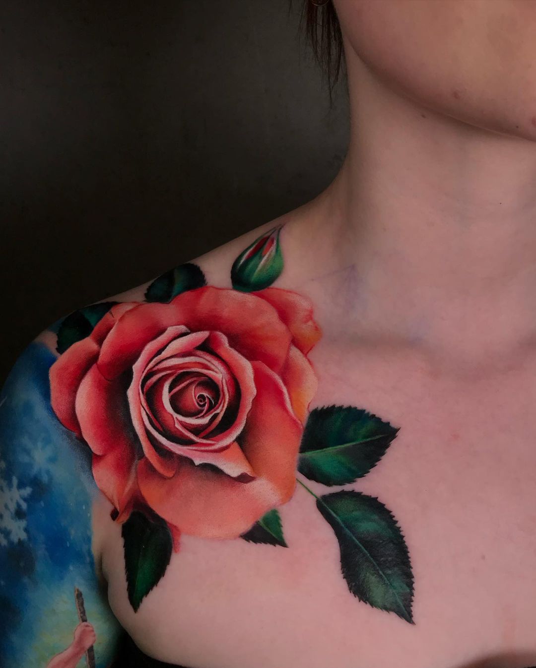 Red 3D Rose Tattoo on Shoulder