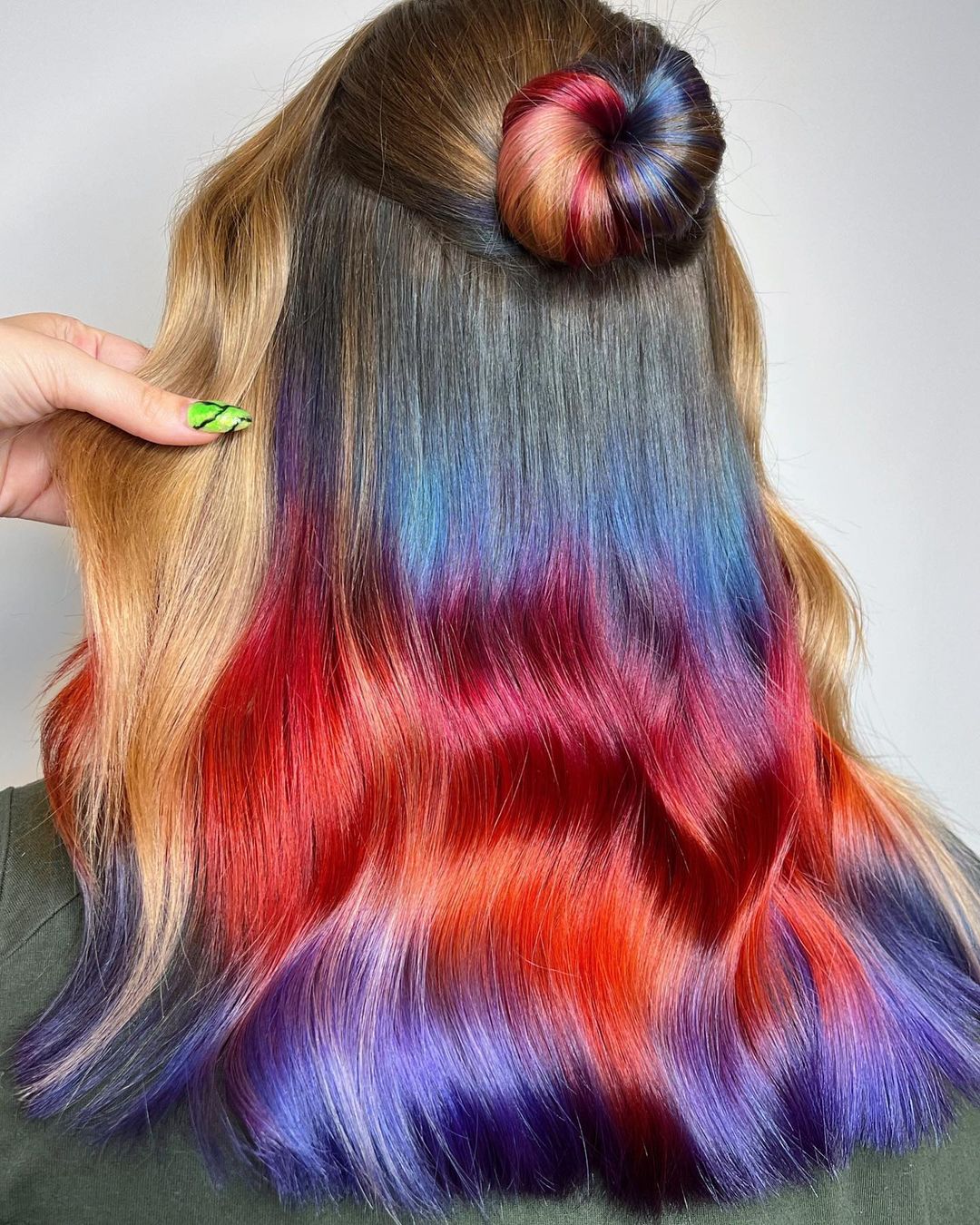 Blond to Red and Purple Reverse Ombre Hair