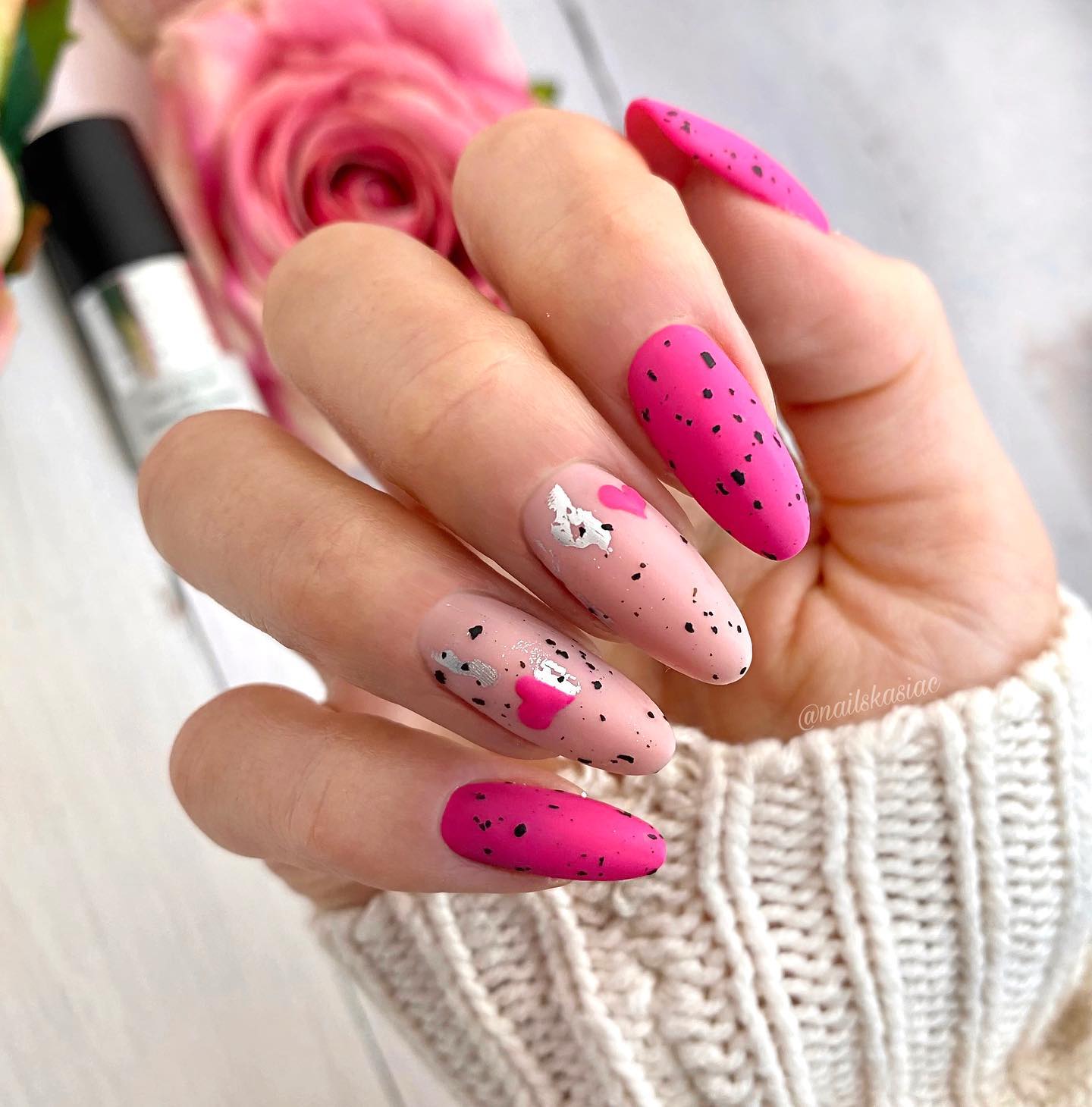 Long Bright Pink Matte Nails with Black Dots