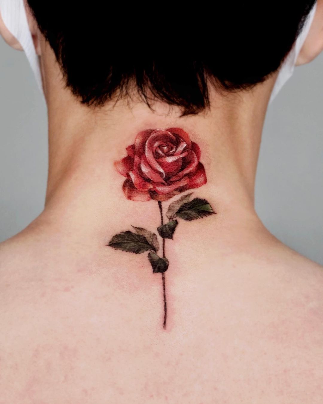 Red 3D Rose Tattoo on Neck