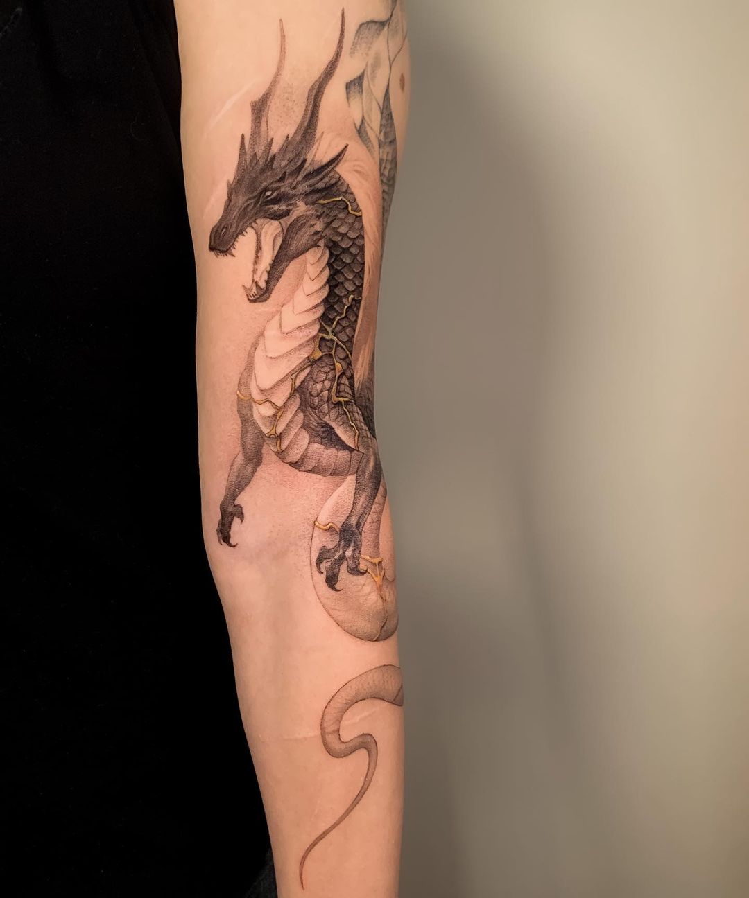 Black 3D Dragon Tattoo on Arm