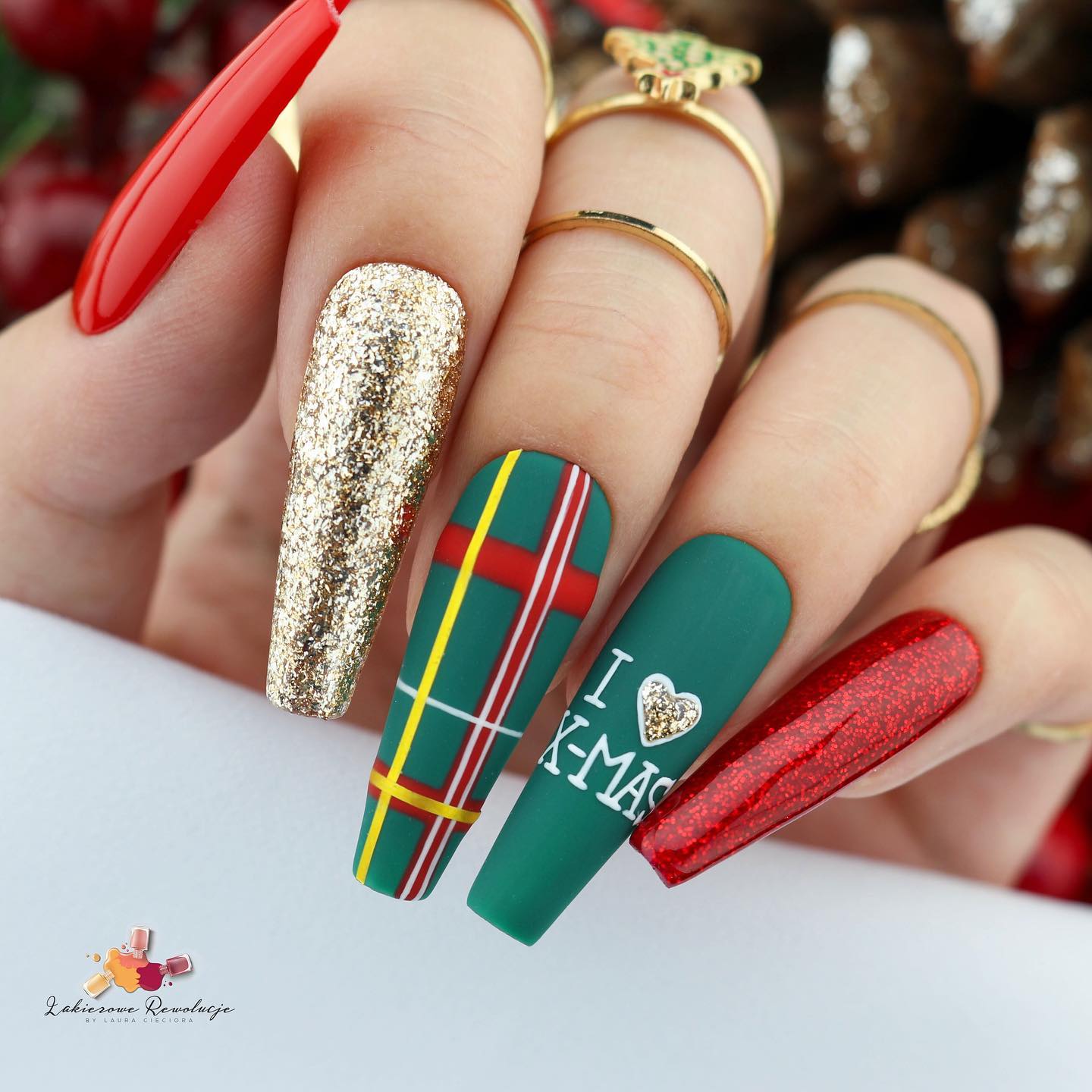 Long Coffin Nails with Christmas Design