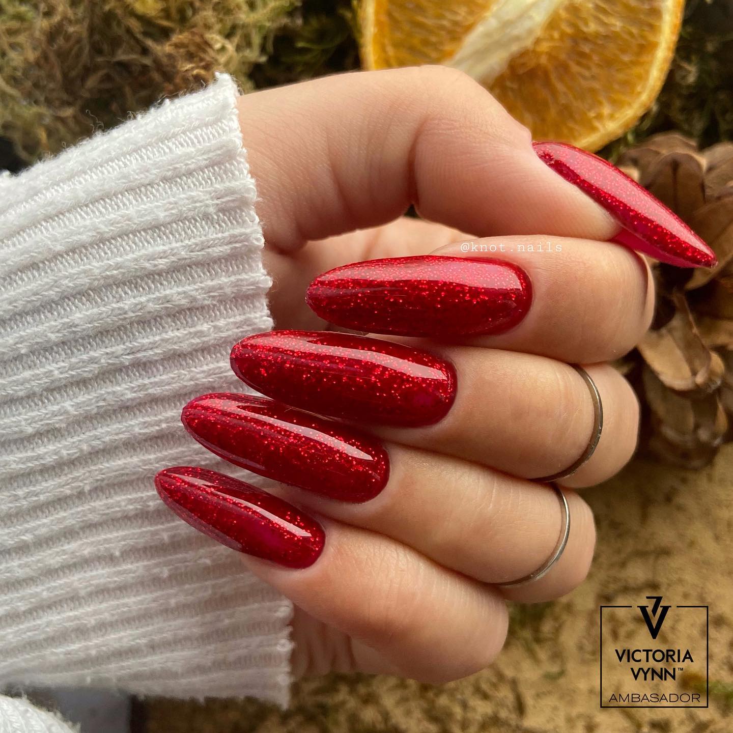 Long Round Red Sparkly Nails